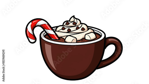A cup of hot chocolate with candy cane and marshmallows