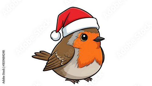 A charming robin wearing a festive Santa hat, perfect for the holiday season. The robin's warm colors and adorable appearance create a joyful and seasonal atmosphere
