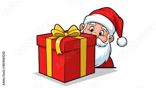A playful peek from Santa Claus, curious about the Christmas gift he holds. Santa, adorned in a red hat and white beard, eyes the wrapped present with curiosity