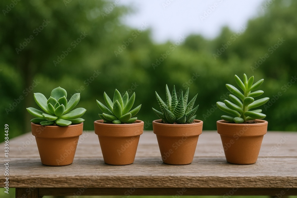 Fototapeta premium Succulent Plant Collection in Terracotta Pots on Wood Table Outdoors Offering Fresh Aesthetic