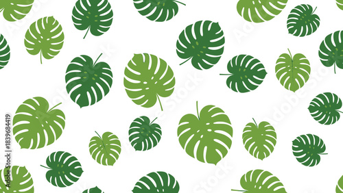 Seamless pattern design with vibrant monstera deliciosa leaves on a white backdrop