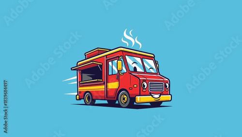 Cheerful Cartoon Food Truck with a Smiling Face on a Light Blue Background