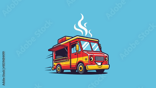 Cheerful Food Truck Illustration on Blue Background Ready to Serve Delicious Meals