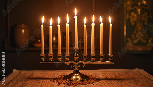 Menorah with lit candles on vintage table
