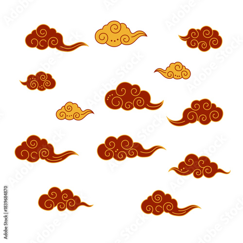 Collection of traditional Chinese ornamental Ch'i clouds in vibrant red and gold color palette. Vector graphic set for Chinese New Year, festive borders, and East Asian themed designs and backgrounds.