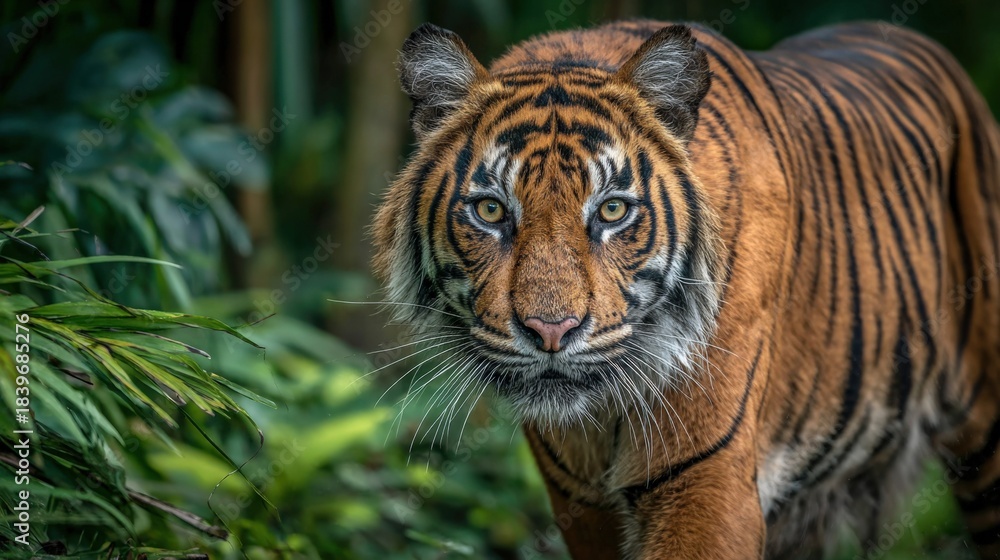Obraz premium Majestic Sumatran Tiger Portrait: Intense Gaze, Wild Beauty in Natural Habitat with Lush Greenery