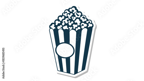 Classic Dark Blue And White Striped Popcorn Bucket Filled With Fluffy Popcorn Isolated On Black Background Simple Graphic Design