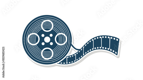 Classic Film Reel with Strip of Movie Film Extending from Spool Artistic Illustration on Black Background Cinematic Entertainment Concept