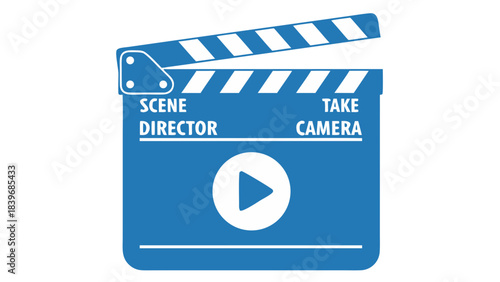 Classic Movie Clapperboard with Play Button Icon Symbolizing Film Production and Video Content Creation on a Simple White Background
