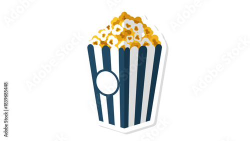 Classic Tall Popcorn Bucket With Blue And White Stripes Filled With Yellow Popcorn Against A Black Background With A White Circle Sticker On The Side