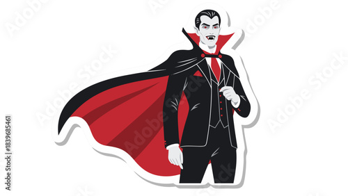 Classic Vampire Character Portrait Wearing Black Suit Red Tie and Flowing Red Lined Cape with Intense Gaze against Dark Background