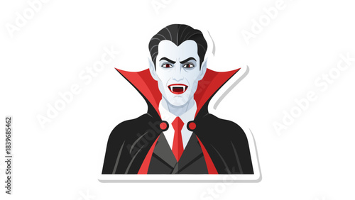 Classic Vampire Count Character With Sharp Fangs Red Eyes Black Cape And White Shirt With Red Tie In A Dark And Mysterious Aura Against A Black Background With White Outline Sticker Effect