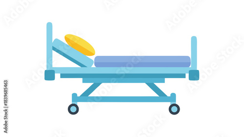 Clean Blue Hospital Bed with Adjustable Headrest and Wheels Illuminated by Soft Light Detailed Medical Equipment Illustration Isolated on Black Background