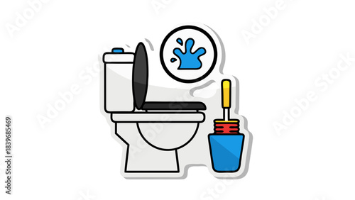 Clean White Toilet Bowl With Black Lid And Seat Next To Blue Bucket With Toilet Brush And Water Splash Icon On Black Background Flat Vector Illustration