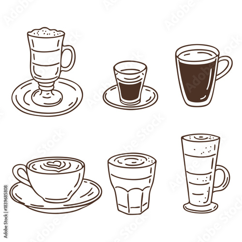 Hand drawn coffee drinks doodle set. Outline vector illustration for cafe and barista designs