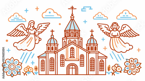 God's temple with angels - vector illustration of a church, a religious symbol of faith and spirituality