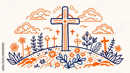 Christian cross with ornament and plants - linear illustration of a religious symbol on a light background
