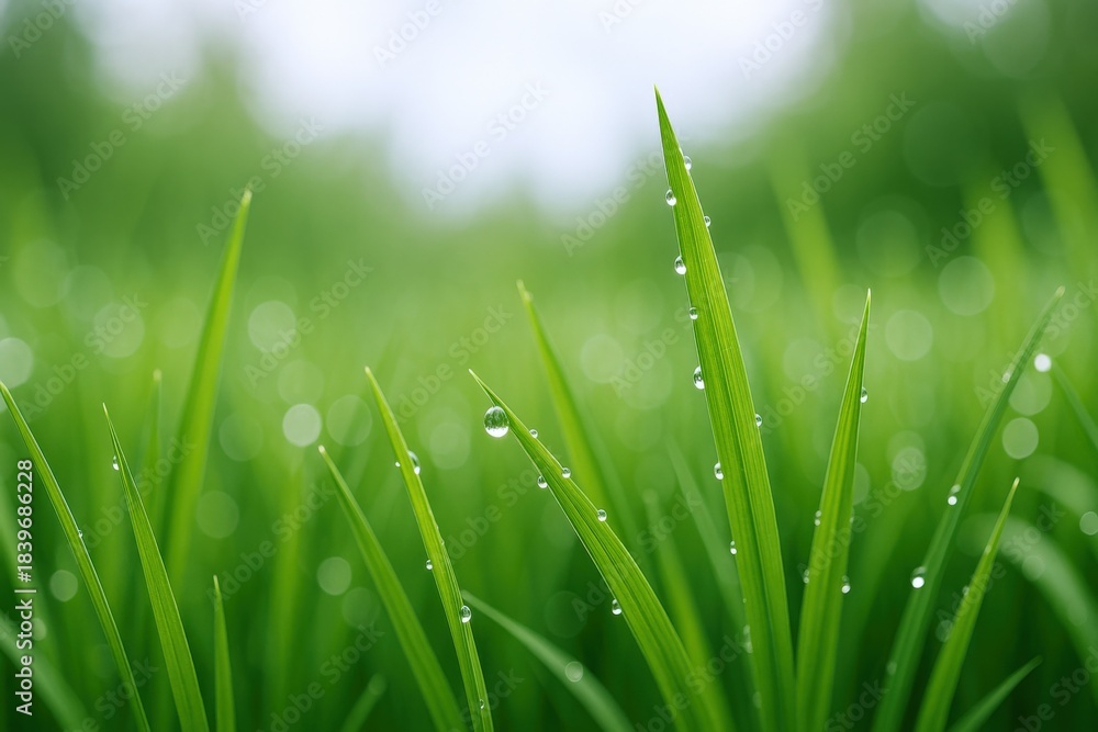 Fototapeta premium Fresh Green Grass Blades with Water Droplets Sparkling in the Morning Light, Capturing the Essence of Nature