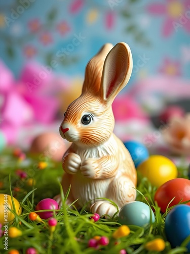 Easter bunny figurine with a slightly askew ear on a festive background,  rabbit,  toy