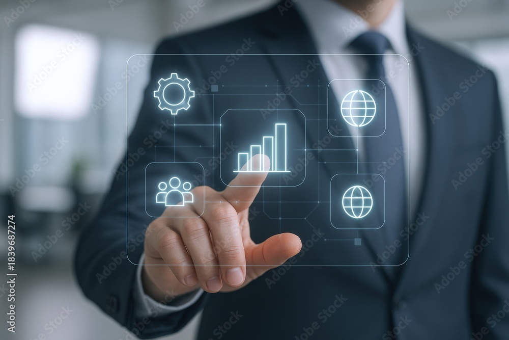 Fototapeta premium Business Professional Analyzing Growth Analytics on a Transparent Digital Screen Interface Displaying Global Business Networking