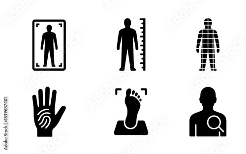 Biometric screening silhouette icons set, body scan icon, palm and foot scan