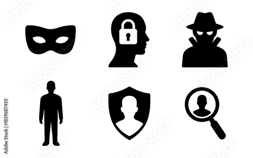 Anonymity security silhouette icons set, mask icon, spy icon and identity protection