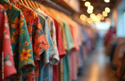 Wallpaper Mural Various colorful shirts with floral patterns hang on a clothes rack. Apparel displayed in a retail clothing store. Summer wear outfits on sale. Shopping inside a fashion boutique shop. Torontodigital.ca