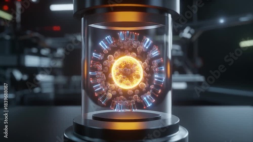 Bio-Quantum Nano Field Module showcasing a viral particle, conceptual scientific research into microscopic biological entities and advanced containment