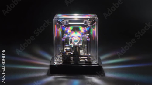 Futuristic Bio-Quantum Field Stabilizer Device Creating Vibrant Prismatic Light Refractions