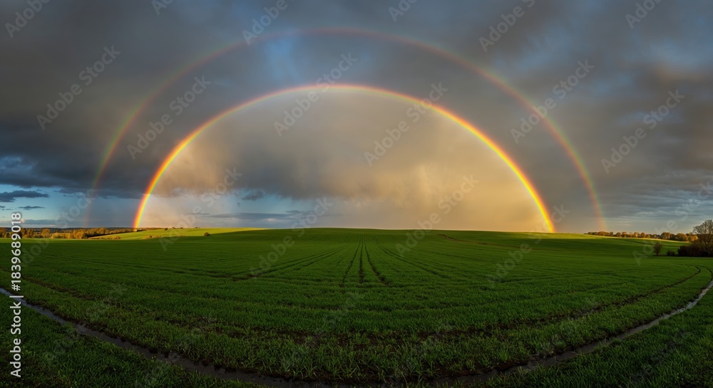 Fototapeta premium A vibrant double rainbow arches dramatically across a wide, lush green field under a striking sky with dark storm clouds and bright sunlight illuminating the horizon.