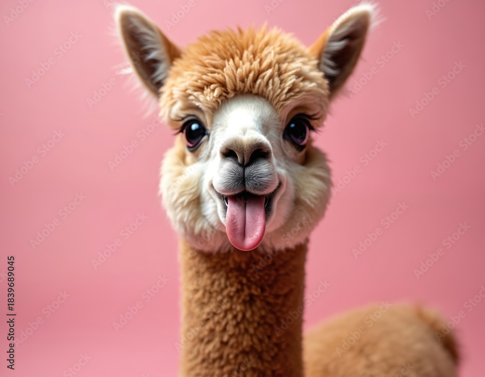 Obraz premium Cute alpaca face with tongue sticking out on pink backdrop. This fluffy South American camelid looks funny and playful, suitable for diverse design projects.