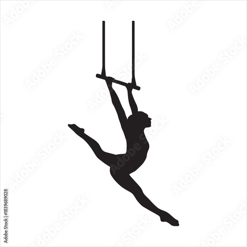 Silhouette of a female acrobat performing on a trapeze showcasing balance strength and athleticism in a minimalist design