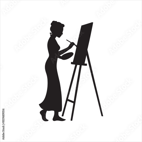 Silhouette of female artist painting on canvas art and creativity in art studio with easel and painter woman