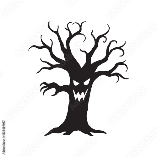 Spooky Halloween Tree Silhouette with Evil Grin Perfect for Holiday Decorations and Creepy Designs for the Season