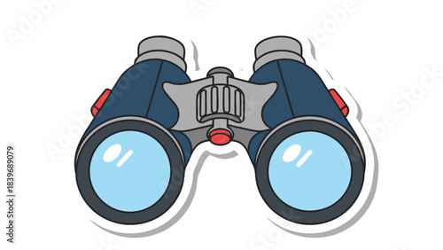 Close up of blue and black binoculars with red accents on a white background with a slight shadow providing a clear view of the lens optics and focusing mechanism