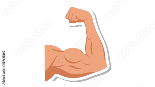 Close up of a Muscular Arm Flexing Bicep Muscle with Defined Veins and Toned Physique in Dynamic Pose Isolated on Black Background with White Outline Sticker Effect