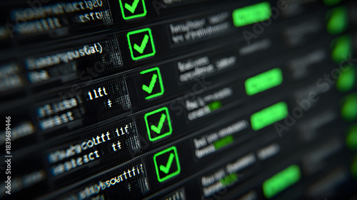 A close-up of a software development environment showing automated test results, with green checkmarks indicating successful tests.