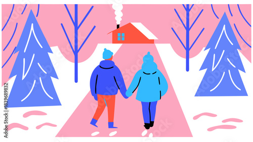 Couple walking hand in hand along snowy forest path