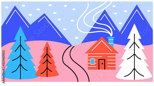 Winter mountain landscape with pine forest and lonely cabin