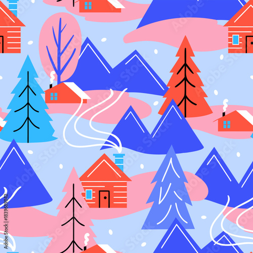 Winter mountain landscape seamless pattern with pine forest and lonely cabin