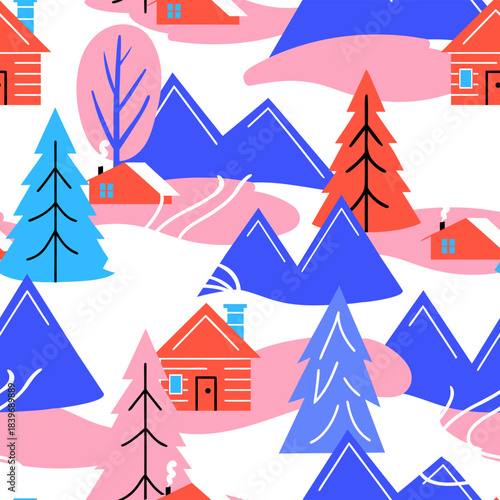 Winter mountain landscape seamless pattern with pine forest and lonely cabin