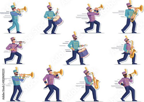 Marching Band Musicians Illustration Set in Various Poses