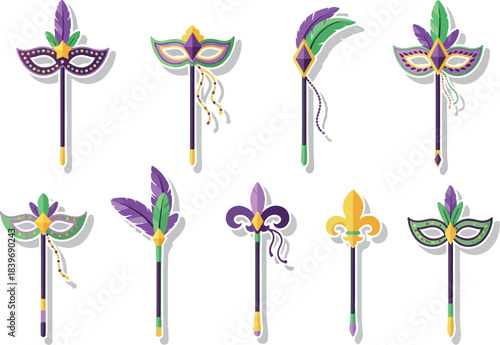 Mardi Gras Masks on Sticks Colorful Vector Set for Celebrations