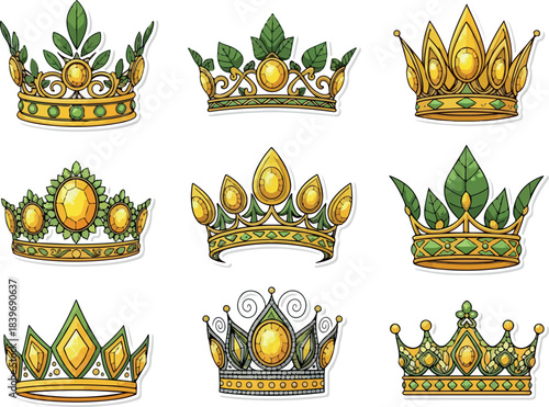 Collection of royal crowns adorned with gemstones and foliage motifs