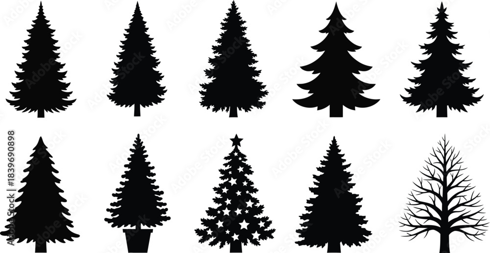 Obraz premium Collection of silhouetted evergreen and deciduous trees in various forms