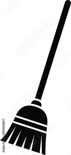 Simple black and white illustration of a traditional household sweeping broom