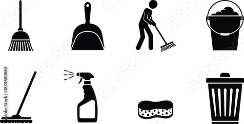 Black and white icons depicting various tools used for cleaning and sanitation