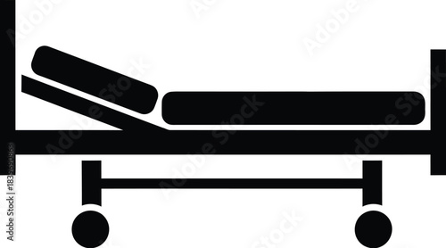 Simple black and white line drawing of a hospital bed with wheels
