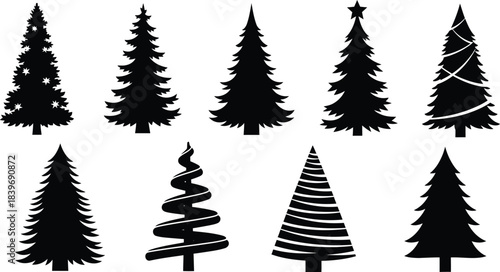 Collection of silhouetted evergreen trees in varying shapes and sizes