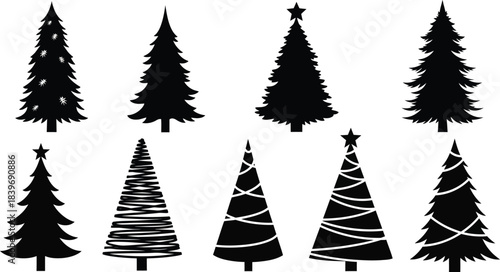 A collection of silhouetted christmas trees and stars in black and white